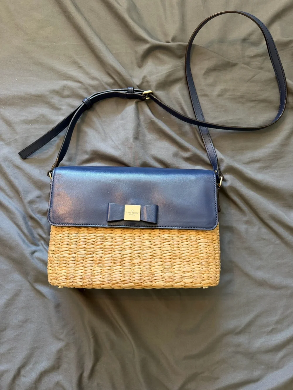 kate spade Navy and Natural Straw Bow-Accent Crossbody